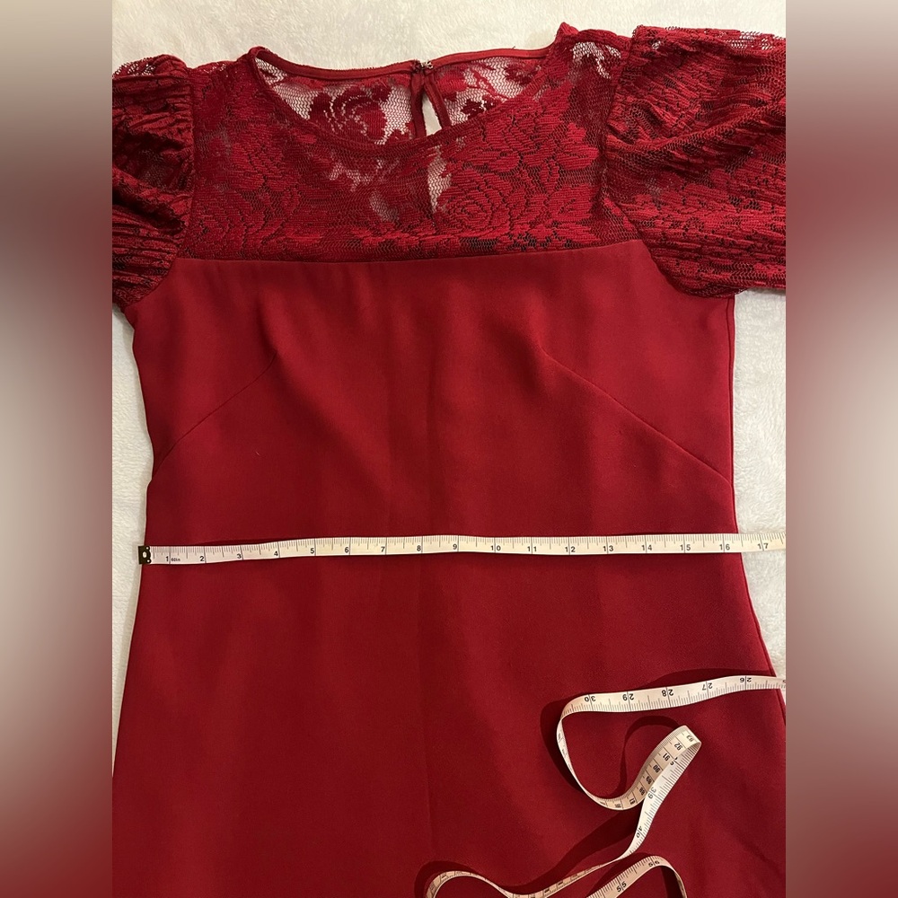 White House Black Market burgundy dress w/ pleated lace sleeves & neckline. S - Picture 10 of 14